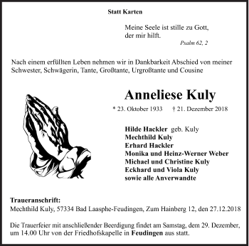 Traueranzeige von Anneliese Kuly von Siegener Zeitung