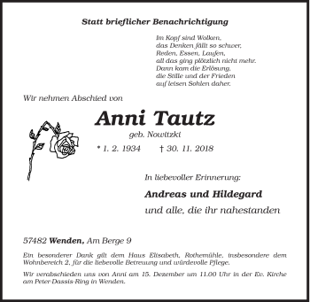 Traueranzeige von Anni Tautz von Siegener Zeitung