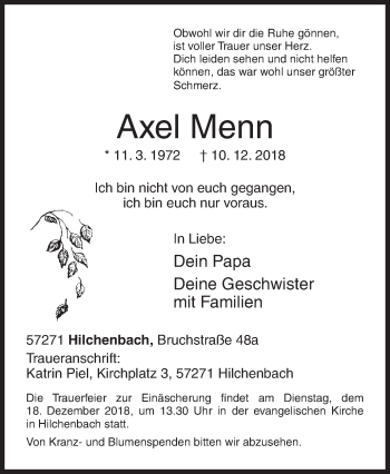 Traueranzeige von Axel Menn von Siegener Zeitung