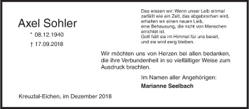 Traueranzeige von Axel Sohler von Siegener Zeitung