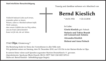Traueranzeige von Bernd Kieslich von Siegener Zeitung