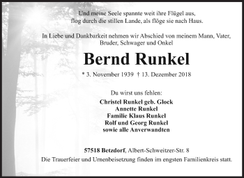 Traueranzeige von Bernd Runkel von Siegener Zeitung