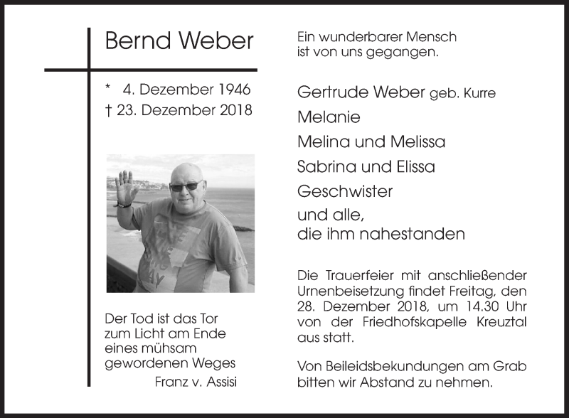  Traueranzeige für Bernd Weber vom 24.12.2018 aus Siegener Zeitung