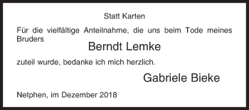 Traueranzeige von Berndt Lemke von Siegener Zeitung