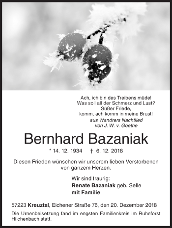 Traueranzeige von Bernhard Bazaniak von Siegener Zeitung