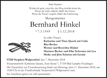 Traueranzeige von Bernhard Hinkel von Siegener Zeitung