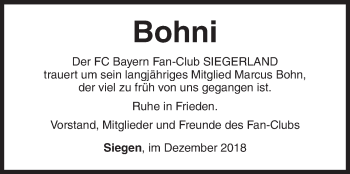 Traueranzeige von Bohni  von Siegener Zeitung