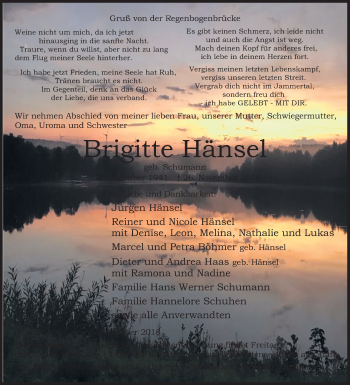 Traueranzeige von Brigitte Hänsel von Siegener Zeitung