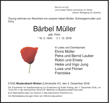 Traueranzeige von Bärbel Müller von Siegener Zeitung