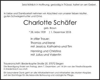 Traueranzeige von Charlotte Schäfer von Siegener Zeitung