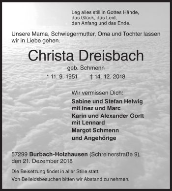 Traueranzeige von Christa Dreisbach von Siegener Zeitung