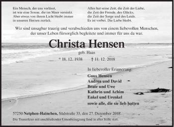 Traueranzeige von Christa Hensen von Siegener Zeitung