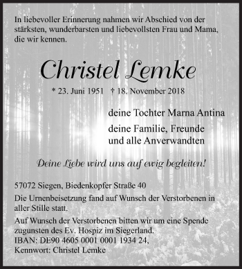 Traueranzeige von Christel Lemke von Siegener Zeitung