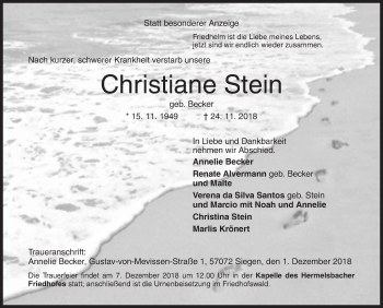 Traueranzeige von Christiane Stein von Siegener Zeitung