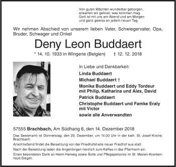 Traueranzeige von Deny Leon Buddaert von Siegener Zeitung