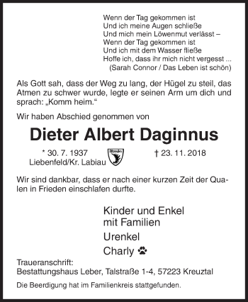 Traueranzeige von Dieter Albert Daginnus von Siegener Zeitung