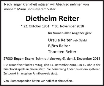 Traueranzeige von Diethelm Reiter von Siegener Zeitung