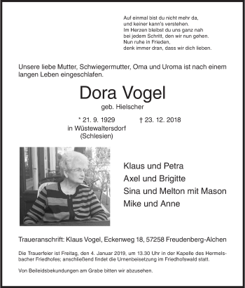 Traueranzeige von Dora Vogel von Siegener Zeitung