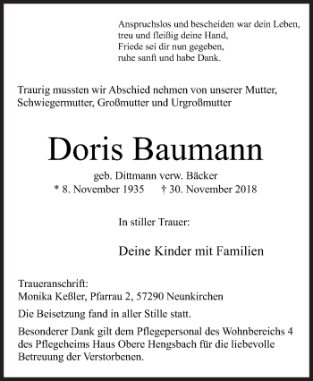 Traueranzeige von Doris Baumann von Siegener Zeitung