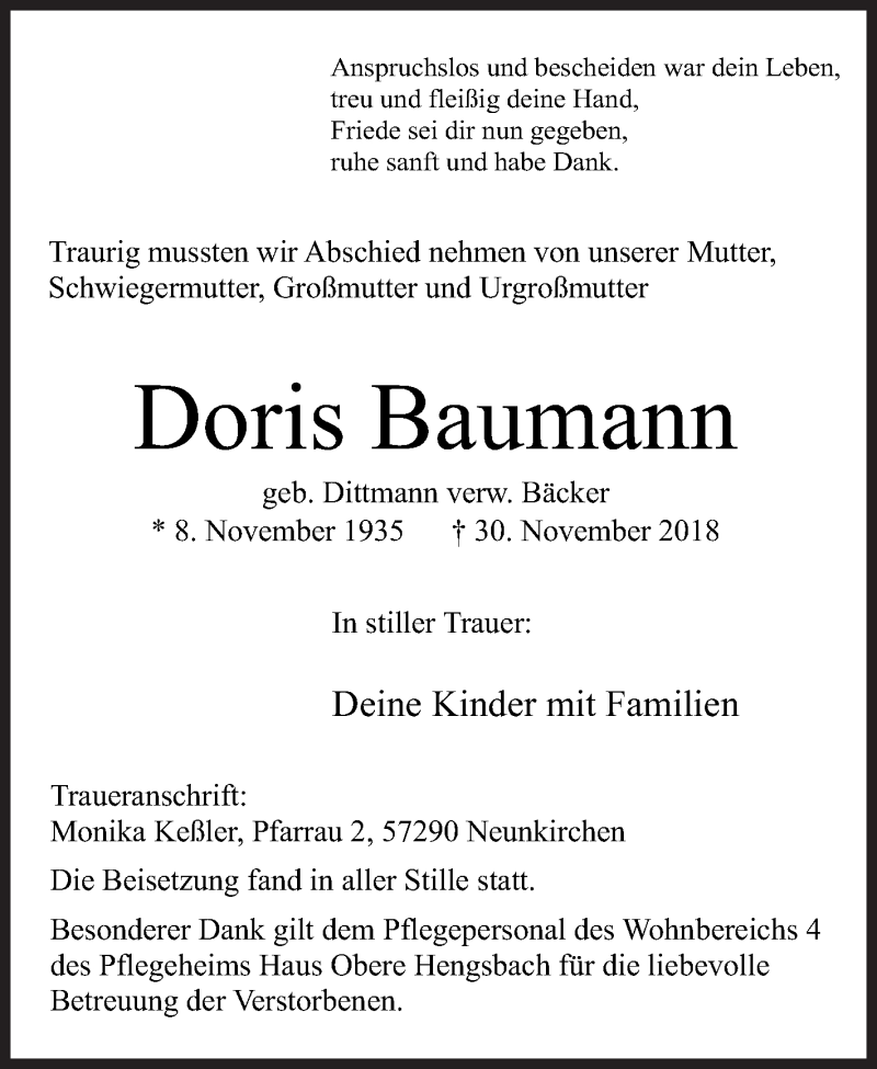  Traueranzeige für Doris Baumann vom 18.12.2018 aus Siegener Zeitung