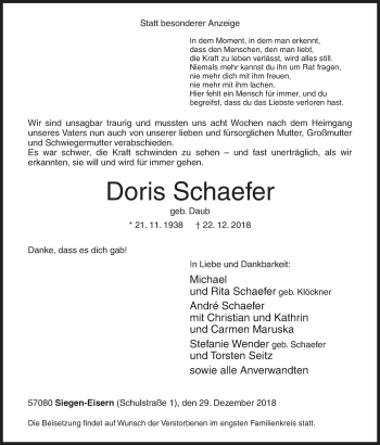 Traueranzeige von Doris Schaefer von Siegener Zeitung