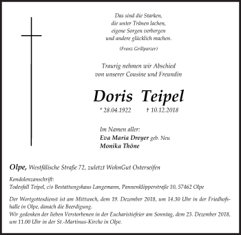 Traueranzeige von Doris Teipel von Siegener Zeitung
