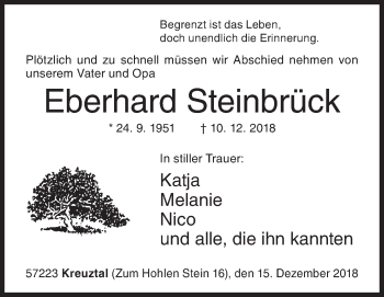 Traueranzeige von Eberhard Steinbrück von Siegener Zeitung