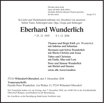 Traueranzeige von Eberhard Wunderlich von Siegener Zeitung
