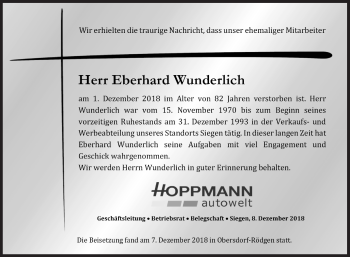 Traueranzeige von Eberhard Wunderlich von Siegener Zeitung