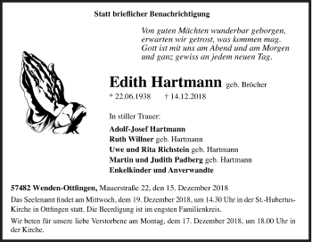 Traueranzeige von Edith Hartmann von Siegener Zeitung