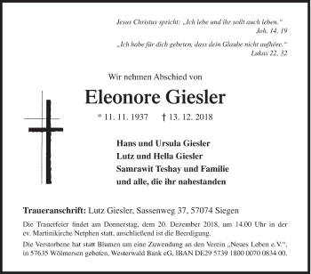 Traueranzeige von Eleonore Giesler von Siegener Zeitung