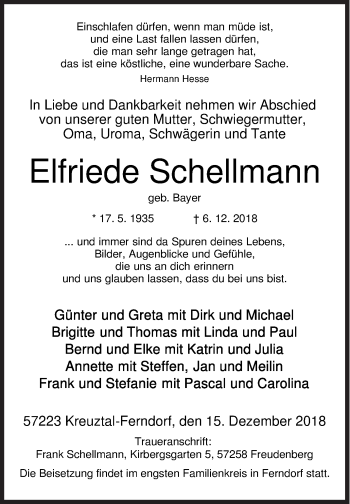 Traueranzeige von Elfriede Schellmann von Siegener Zeitung