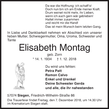 Traueranzeige von Elisabeth Montag von Siegener Zeitung