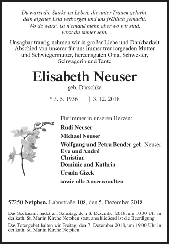 Traueranzeige von Elisabeth Neuser von Siegener Zeitung