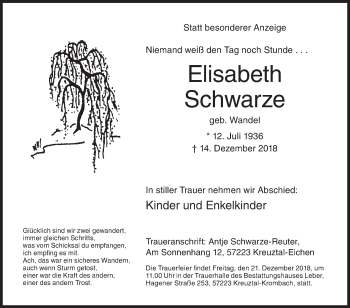 Traueranzeige von Elisabeth Schwarze von Siegener Zeitung