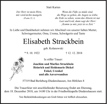 Traueranzeige von Elisabeth Strackbein von Siegener Zeitung