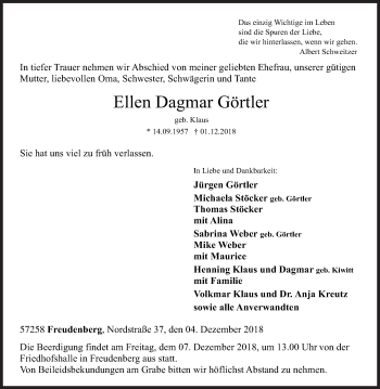 Traueranzeige von Ellen Dagmar Görtler von Siegener Zeitung