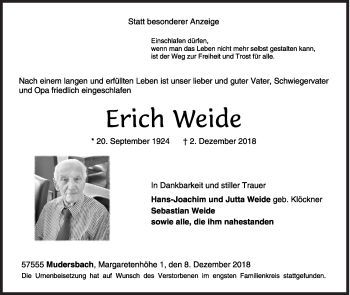 Traueranzeige von Erich Weide von Siegener Zeitung