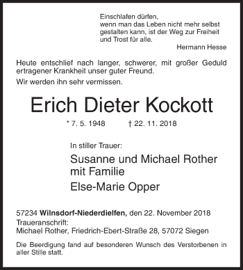 Traueranzeige von Erich Dieter Kockott von Siegener Zeitung