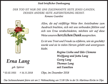 Traueranzeige von Erna Lang von Siegener Zeitung