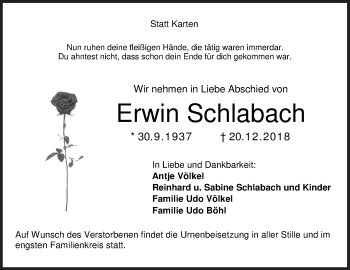 Traueranzeige von Erwin Schlabach von Siegener Zeitung