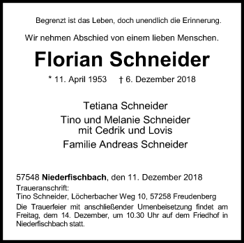 Traueranzeige von Florian Schneider von Siegener Zeitung