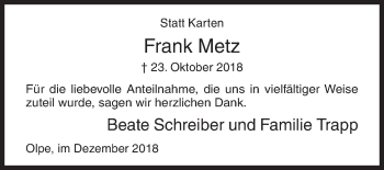Traueranzeige von Frank Metz von Siegener Zeitung