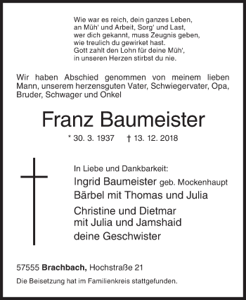 Traueranzeige von Franz Baumeister von Siegener Zeitung