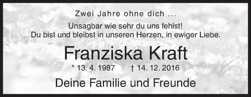 Traueranzeige für Franziska Kraft vom 14.12.2018 aus Siegener Zeitung