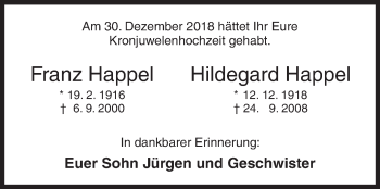 Traueranzeige von Franz und Hildegard Happel von Siegener Zeitung