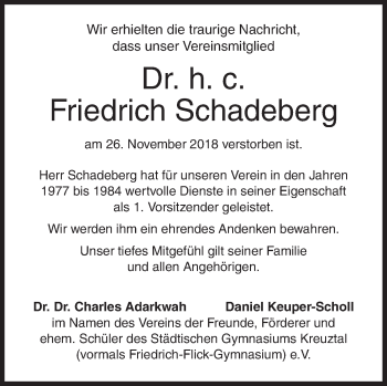 Traueranzeige von Friedrich Schadeberg von Siegener Zeitung
