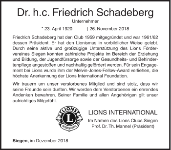 Traueranzeige von Friedrich Schadeberg von Siegener Zeitung