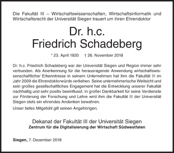 Traueranzeige von Friedrich Schadeberg von Siegener Zeitung