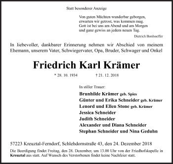 Traueranzeige von Friedrich Karl Krämer von Siegener Zeitung